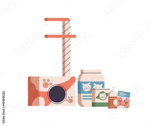 Cats goods and supplies. Pets furniture, feed, grooming cosmetics, toys and treats for kitties. Kittens accessories, stuff. Scratching post, food. Flat vector illustration isolated on white background