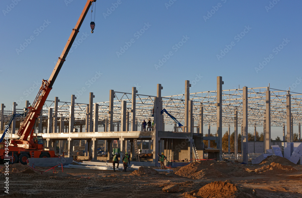 Industrial construction site. Crane build steel construction	