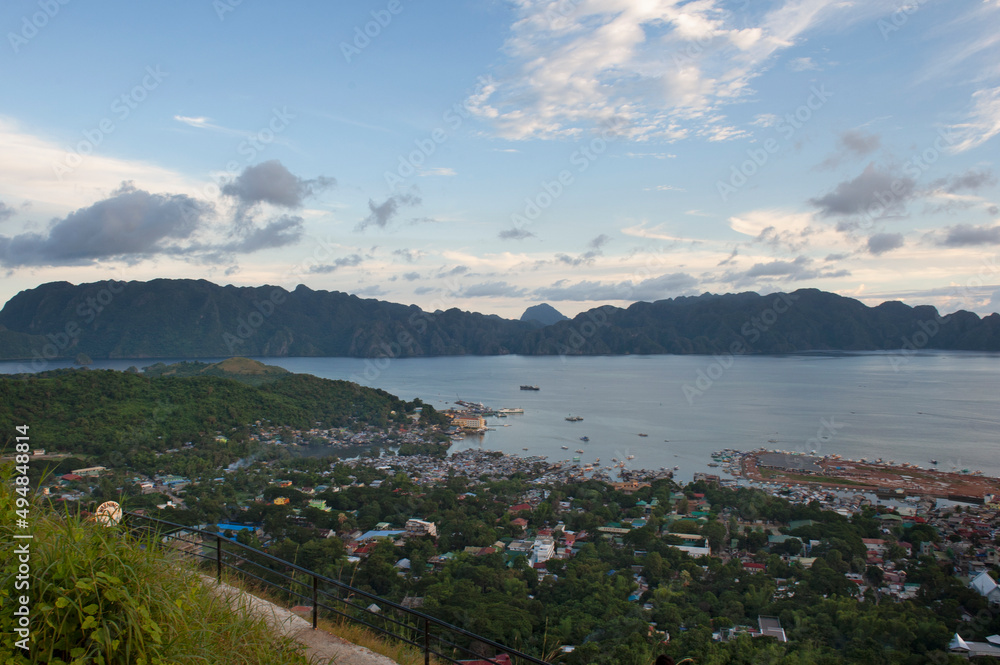 Scenic aerial view of Coron town and bay from Mount Tapyas, Coron, Philippines.