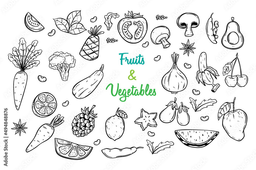 Obraz premium fruit and vegetables collection with hand drawing or doodle style