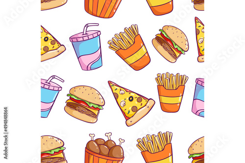 seamless pattern of cute junk food doodle icons with soda, burger and pizza slice