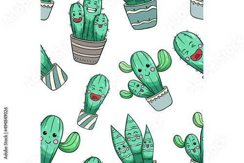 Seamless pattern of kawaii cactus character in a pot with cute expression. Cute cactus vector illustration