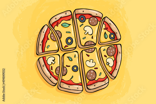 cute pizza with basketball form on yellow background