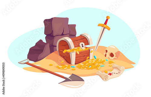 Vector illustration excavated treasures on a blue background. Treasure island. A pile of gold and jewels in a chest with a shovel, a treasure map, a sword and a skull next to it in cartoon style.
