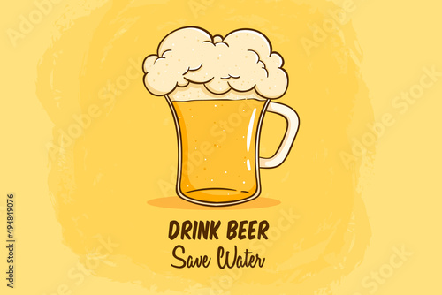 cute cold beer full of foam on yellow background