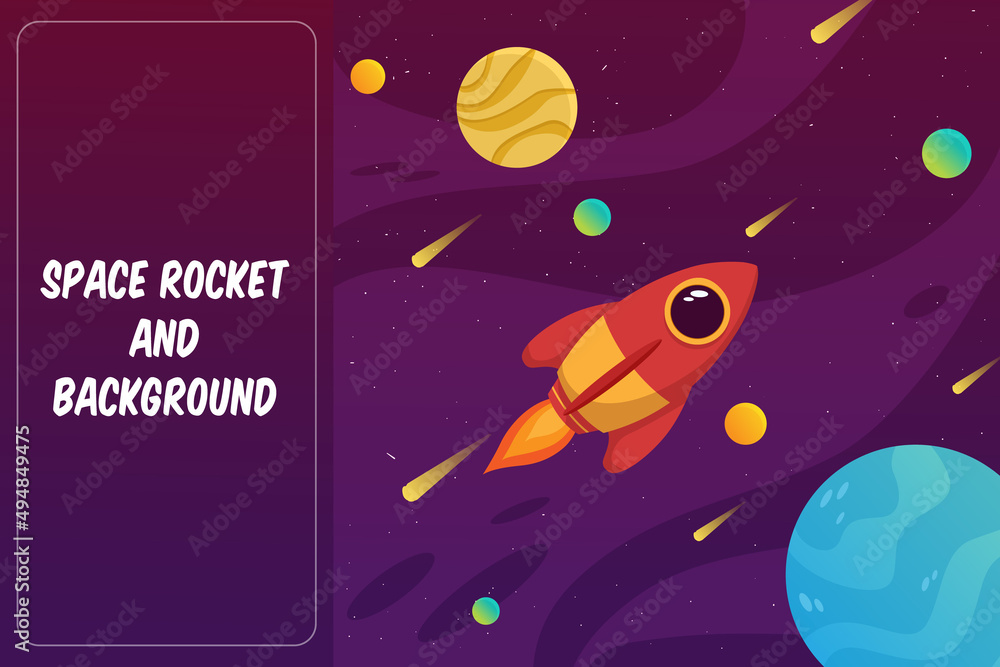 Fototapeta premium cute rocket space with colorful galaxy and planet