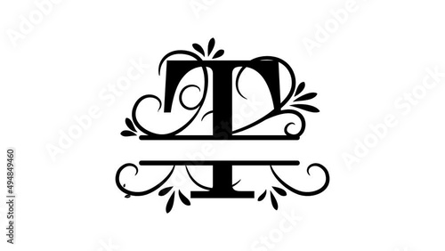 Letter T. Animated logo. Monogram, split letter T. Vintage style, twigs and leaves appear at logo. Letter on transparent background. You can insert a logo on any of your videos. Animation vector