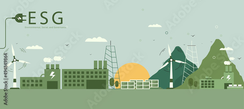 ESG concept, sustainable environment, society and governance and social government with wind turbines and solar panels. vector illustration banner