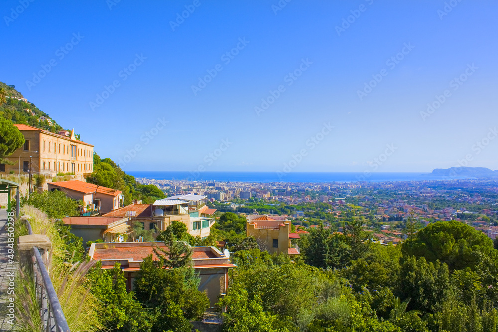 Palermo City and Tyrrhenian sea bay view from the Monreale town, Sicily, Italy