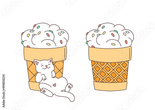 Happy cat with an ice cream. Illustration of a happy white cat sleeping near a waffle cup of ice cream. Vector 10 EPS.