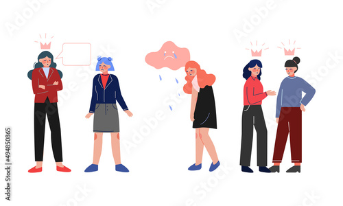 Girls bullying their stressed classmates set. Teenage communication problems vector illustration