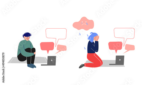 Stressed teenagers suffering from cyber bulluing. Teenage puberty problems vector illustration