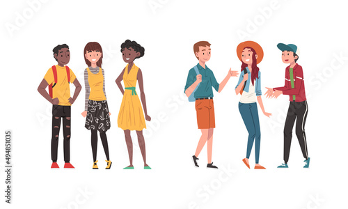 Teenagers stodents in casual outfit talking with each other set cartoon vector illustration