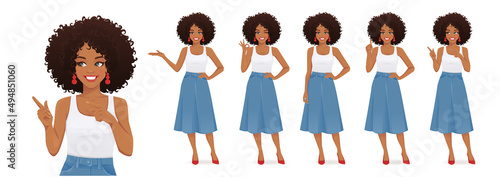 African young woman in casual style clothes set different gestures isolated vector illustration