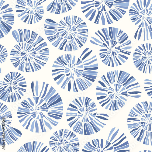 Sea shells and fossils vector seamless pattern. Summer beach hand-drawn doodle seaside print. Ocean fashion textile monochrome blue and white colors. Seashore elements design for fabrics, wallpaper