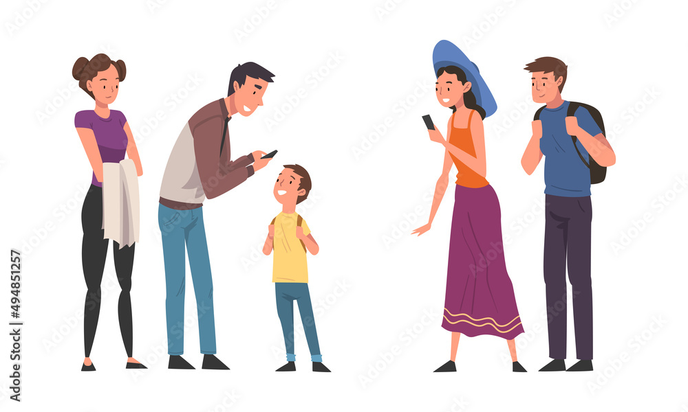 Fototapeta premium People using smartphones for ordering taxi car cartoon vector illustration