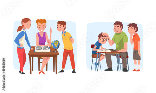 Children studying with parents at home together set. Mother and father helping children with homework. Homeschooling concept cartoon vector illustration