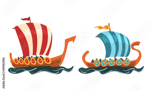 Ancient viking Scandinavian draccars set, Norway long boat with dragon head cartoon vector illustration