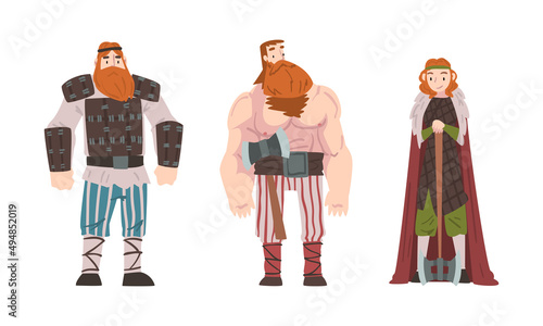 Scandinavian viking warriors with weapon set cartoon vector illustration