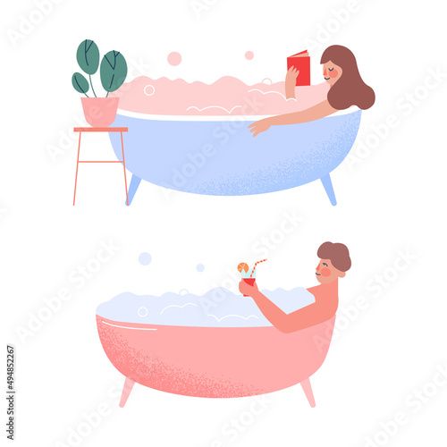 People relaxing in bathtub set. Self healing therapy, stress relieving cartoon vector illustration