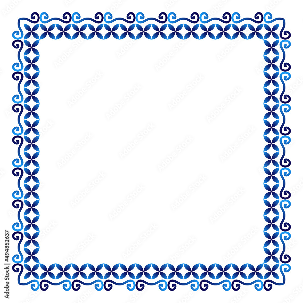 Border frame ceramic tile pattern. Islamic, indian, arabic motifs. Damask border square pattern. Porcelain ethnic bohemian background