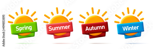 Set of seasonal 3d icon of sun with ribbon around it, label or tags, isolated