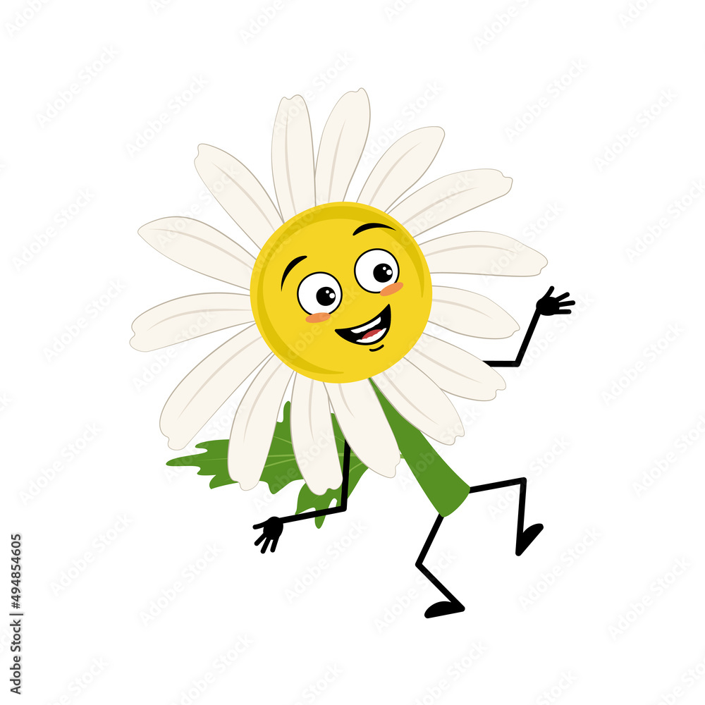 Chamomile character with happy emotion, joyful face, smile eyes, arms and legs. Person with funny expression, daisy flower hero. Vector flat illustration