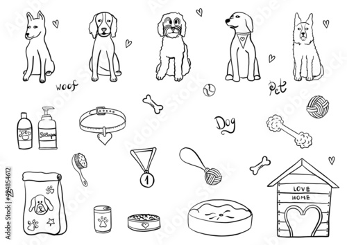 Dog supplies and equipment hand drawn dogs