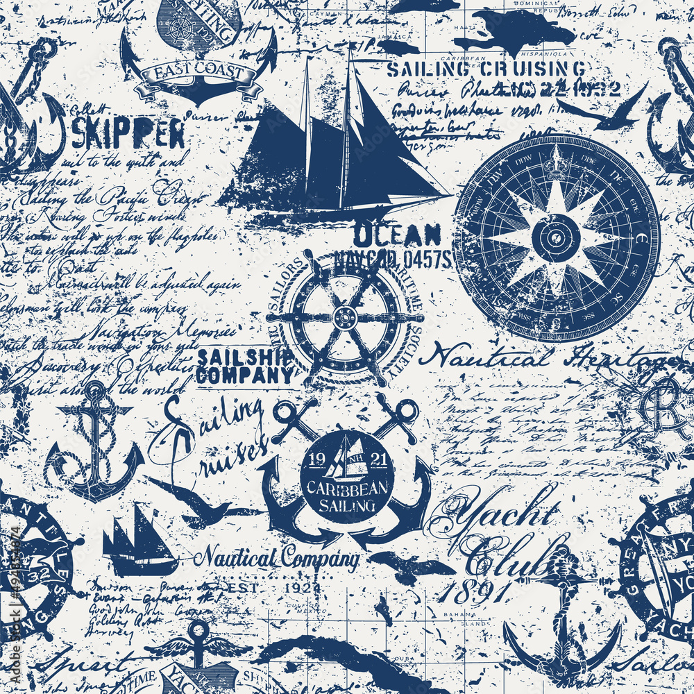 Fototapeta Caribbean sailing cruises nautical elements collage wallpaper grunge marine vector seamless pattern