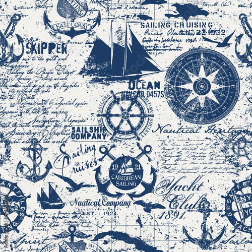 Caribbean sailing cruises nautical elements collage wallpaper grunge marine vector seamless pattern photo