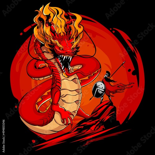 Vector illustration of spartan warrior confronting dragon