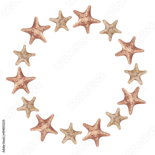 Watercolor round frame with vintage red starfishes isolated on white background. Marine collection.