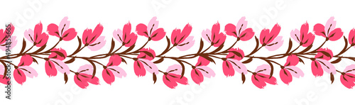 Floral seamless border. Background with bouquet flower branch brush strokes. Border frame made of flowers. Seamless pattern