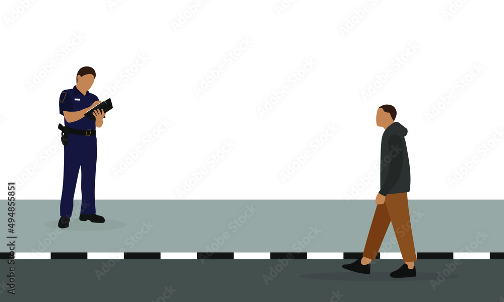 A male character is walking along a highway while a policeman is standing on the sidewalk and issuing a fine A male character is walking along a highway while a policeman is standing on the sidewalk and issuing a fine