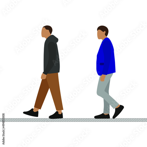 Two male characters walk a tightrope one behind the other