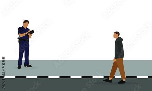A male character is walking along a highway while a policeman is standing on the sidewalk and issuing a fine