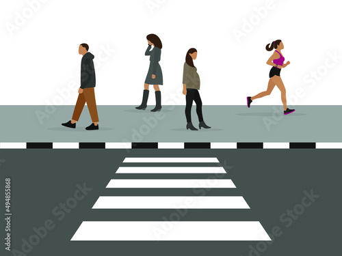 Male and female characters on the sidewalk near the pedestrian crossing
