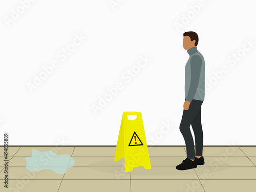Puddle on the floor, outdoor warning sign and indoor male character