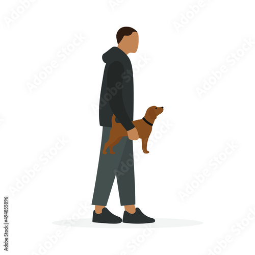 Male character with a dog in his hand stands on a white background