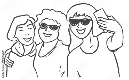 Sketch Group of three friends women taking a selfie . Doodle Vector illustration