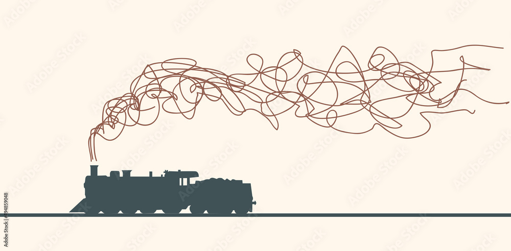 Steam train with smoke making a scribbled cloud. Retro vector background and illustration. Abstract design template for brochures, flyers, magazine, business card, book cover, poster.