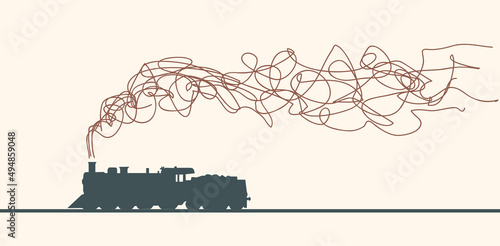 Steam train with smoke making a scribbled cloud. Retro vector background and illustration. Abstract design template for brochures, flyers, magazine, business card, book cover, poster.