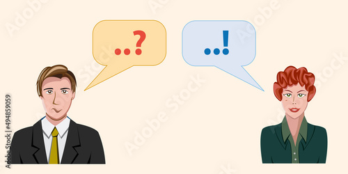 Ask a question and get an answer, solve a problem. Two person in cartoon with question marks and exclamation marks. Concept of doubt and certainty. Vector illustration
