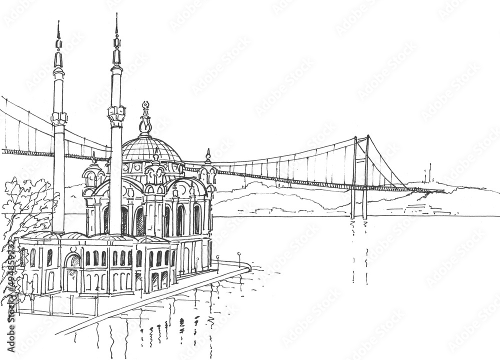 The Bosphorus with a mosque and a bridge is drawn with a black line on a white background with space for text for tourism design. Turkey, Istanbul, graphic art.