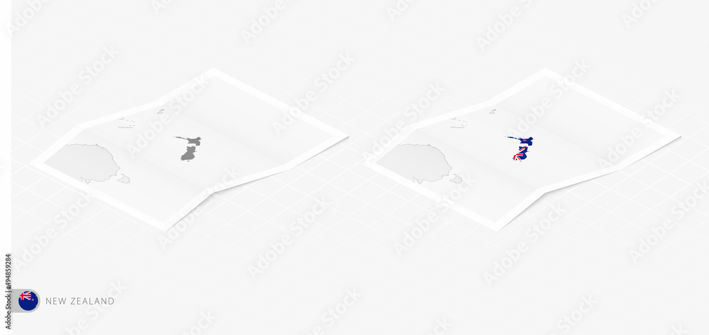 Set of two realistic map of New Zealand with shadow. The flag and map of New Zealand in isometric style. Set of two realistic map of New Zealand with shadow. The flag and map of New Zealand in isometric style.