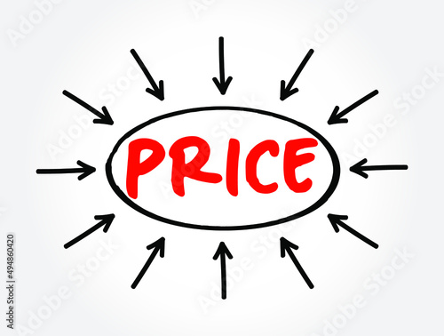 PRICE - the amount of money expected, required, or given in payment for something, text concept with arrows photo
