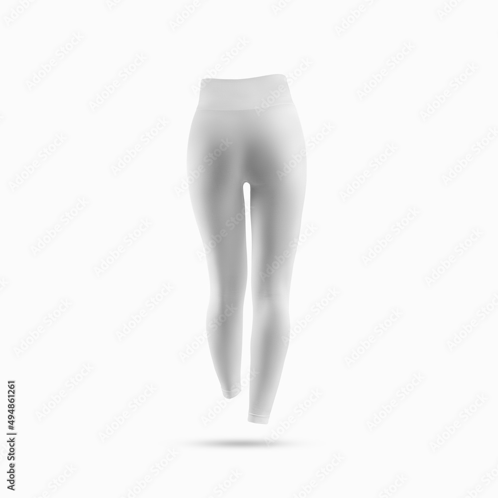 Template of women's white compression leggings, pants for training, yoga, 3D rendering, for design presentation, pattern, back view. Template of women's white compression leggings, pants for training, yoga, 3D rendering, for design presentation, pattern, back view.