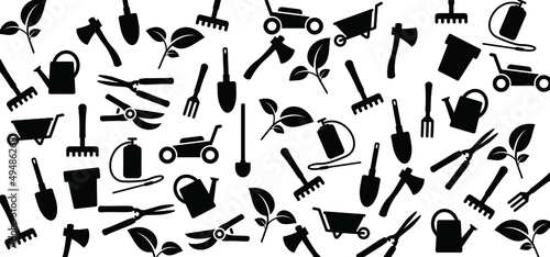 Cartoon gardening pattern. Garden tools icon or pictogram. Garden maintenance logo. Rake, lawnmower, shovel, pruning knife, secateurs, watering can, wheelbarrow and ax. Gardener, vegetable garden