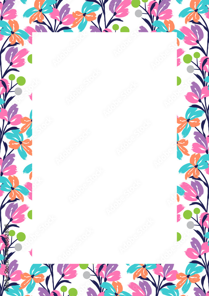 Flower frame border size a4, format a4. Floral pattern. Cute floral background. Background with flower brush strokes