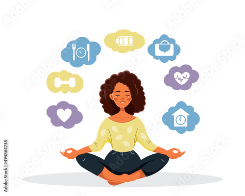African-American woman in the lotus position and icons of healthy habits